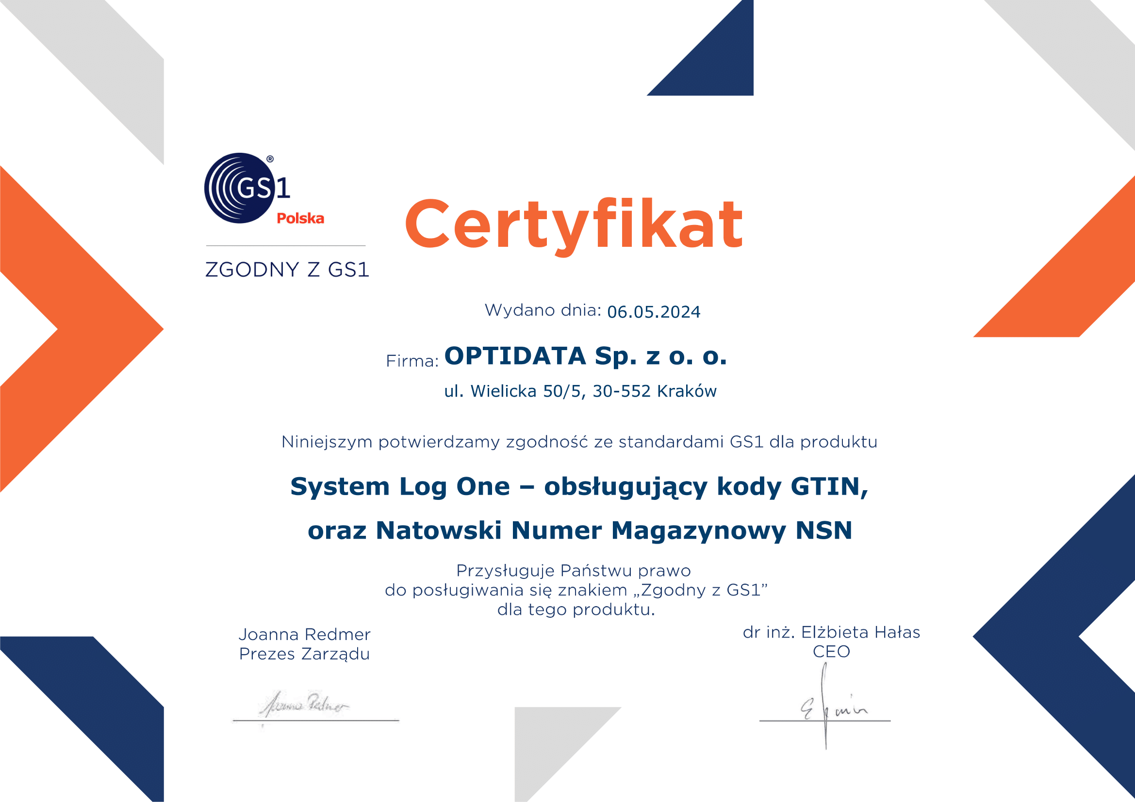 Certyfikat GS1 dla Optidata